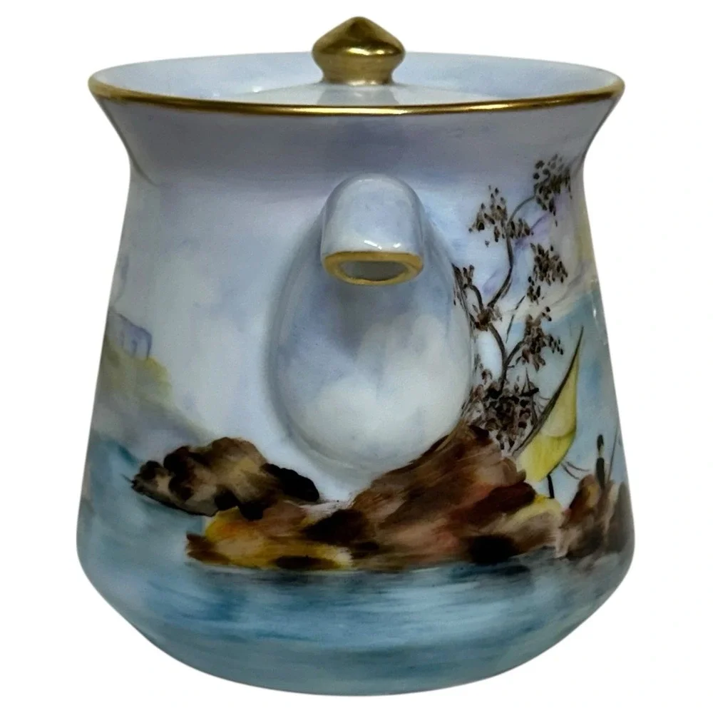 Kyusu‎ Japanese Teapot Hand Painted Signed Sansui Porcelain Fisherman Fuji VTG